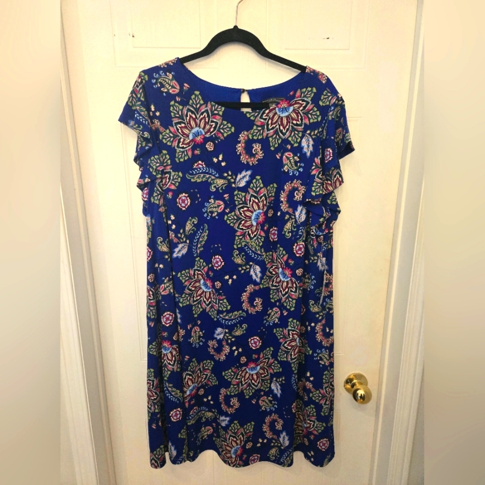 Jessica Howard Size 20w Plus Blue Floral Dress With Lining Flutter Sleeves